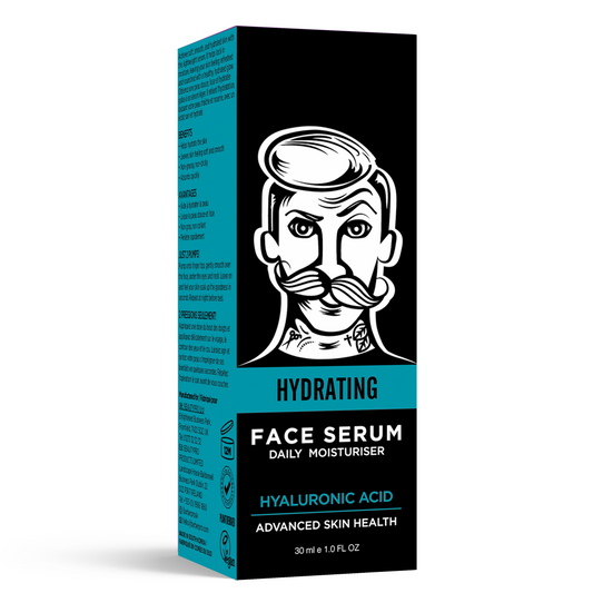 Box of hydrating face serum with a stylized face illustration on a white background